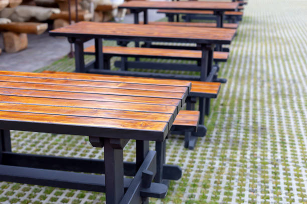 istock Many beautiful tables with benches outside 1439839934