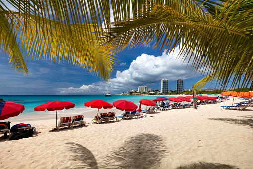 Chairs and umbrellas on Mullet Bay Beach, Sint Maarten