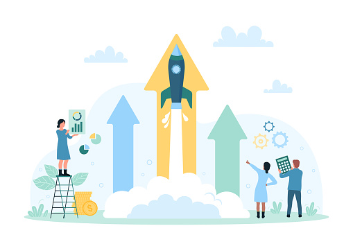 Startup launch technology, business process vector illustration. Cartoon speed rocket flying up high inside arrow, tiny people start new marketing idea or product, success project development