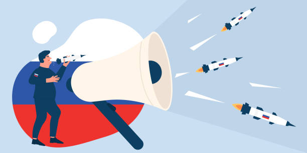 Propaganda and hate, disinformation about military conflict between Ukraine and Russia Propaganda and hate, disinformation about conflict between Ukraine and Russia vector illustration. Cartoon tiny angry man in military uniform holding rocket in hand, missiles flying out of megaphone russian propaganda stock illustrations