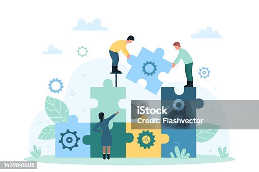 istock Business organization, cooperation and teamwork, tiny people connect puzzle pieces 1439841608