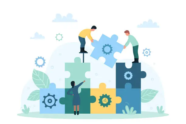Vector illustration of Business organization, cooperation and teamwork, tiny people connect puzzle pieces