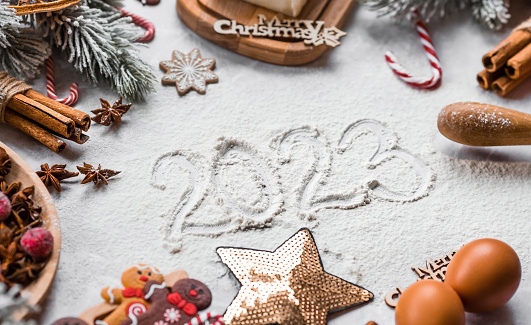 New Year's banner, flyer. The concept of New Year and Christmas holidays 2023.