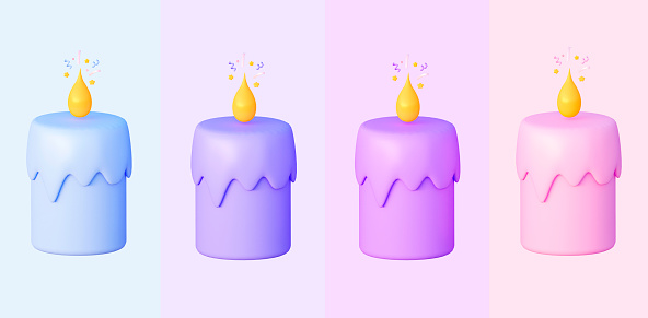 3d melting candle in Blue, pink and purple colors. With a sparkler. 3d rendering illustration. In cartoon style.