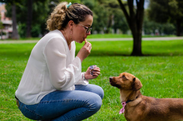 istock Woman sharing food with her dog 1439842758