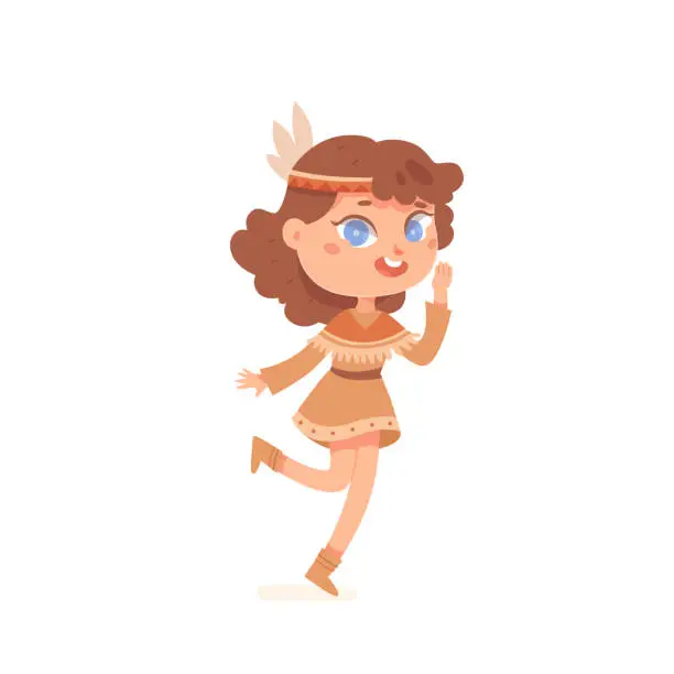 Vector illustration of Cute kid dancing American Indian tribal dance, happy girl in traditional native dress