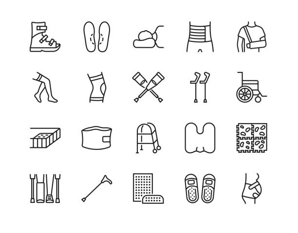 orthopädische rehabilitation linie icon set. ausrüstung zur behandlung nach verletzungen. vektorillustration einlegesohle, kissen, krücken, matratze, bandage. bearbeitbarer strich - korsett stock-grafiken, -clipart, -cartoons und -symbole