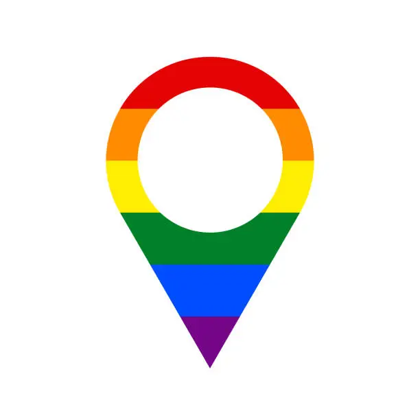 Vector illustration of LGBT rainbow flag colors location pin, map pin icon, LGBT-friendly place, vector illustration