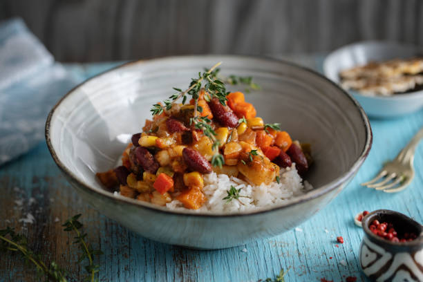 Cooked vegetables with rice in bowl