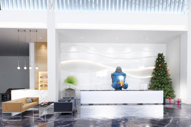 istock Robot Holding Christmas Gift Box For Visitors At Hotel Reception Or Office Lobby 1439847034