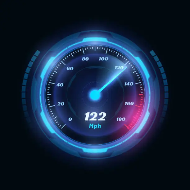 Vector illustration of Speed digital dashboard, automobile power meter, display speedometer. Modern indicator, digital odometer display technology for racing game. Fast or slow internet connection meter