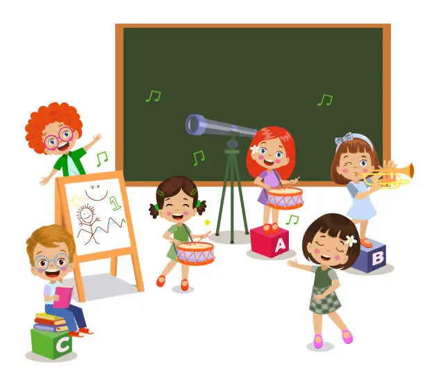 Vector illustration of happy kids playing instruments and singing in class