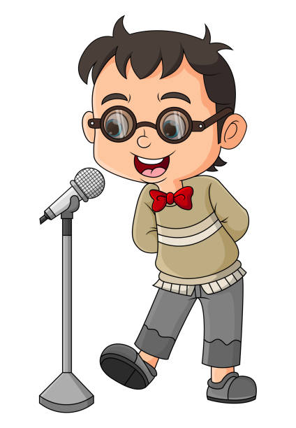 The nerd boy is singing cutely with a standing microphone on stage The nerd boy is singing cutely with a standing microphone on stage of illustration cutely stock illustrations