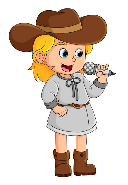 The cute girl is singing a country song while wearing a cowboy hat The cute girl is singing a country song while wearing a cowboy hat of illustration girl with cowboy hat stock illustrations