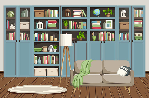 Living room interior with blue bookcases and a beige sofa. Scandinavian interior design. Cartoon vector illustration