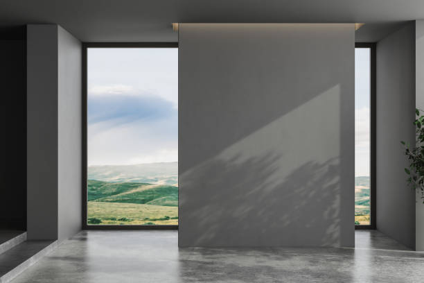 istock 3d rendering, 3d illustration - Empty room with Gray Color background wall, concrete floor. Suitable for interior rooms furniture template. 1439855781