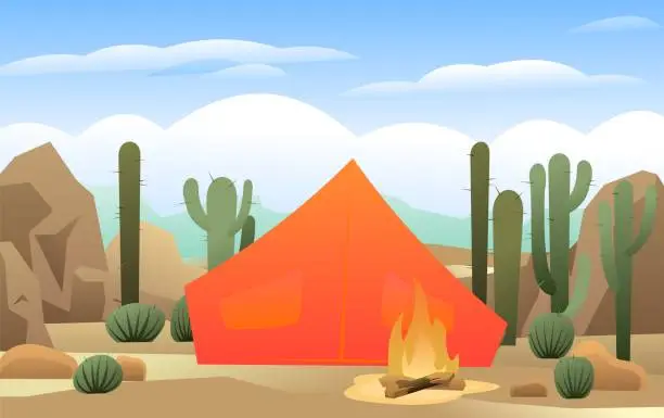 Vector illustration of Orange tourist tent. Desert among stones and sand. Big cactus. Beautiful bonfire. Broken camp. Recreation in the wild. Cartoon fun style. Flat design. Vector