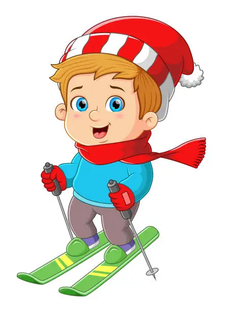 Vector illustration of The boy is playing and sliding with the skiing from the mountain snow