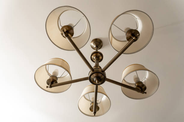 istock A round chandelier of several lamps against a light ceiling, full frame, bottom view 1439857797