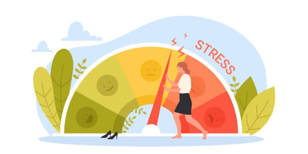 stockillustraties, clipart, cartoons en iconen met stress level, mood and emotions scale, tiny businesswoman pushing with effort arrow - opluchting