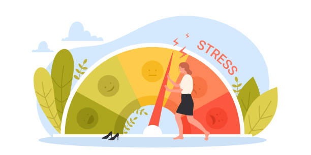 Stress level, mood and emotions scale, tiny businesswoman pushing with effort arrow Stress level, mood and emotions scale vector illustration. Cartoon tiny businesswoman pushing with effort arrow on dashboard dial of gauge to reduce pressure and manage tension, depression reduction survival tools stock illustrations