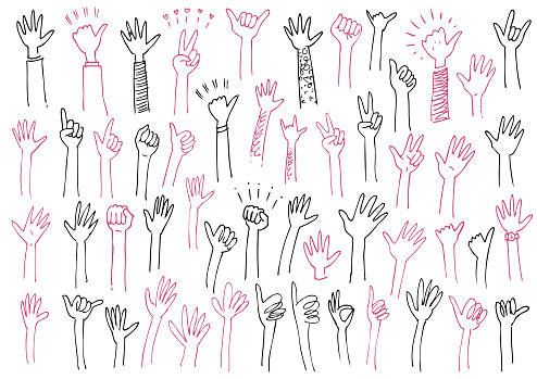 Black hand drawn fun doodle kids hands up to vote drawings vector illustration comic book style