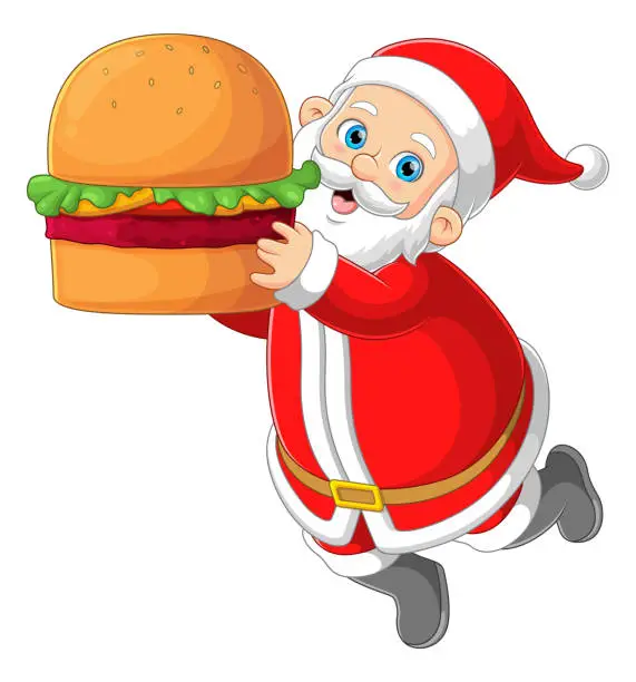Vector illustration of Santa claus holding big burger