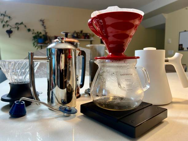 istock professional coffee shop On white table in kitchen there are different devices for brewing craft coffee Nearby grows a coffee tree Coffee Server, White Kettle, french press, Coffee grinder and pourers 1439860096