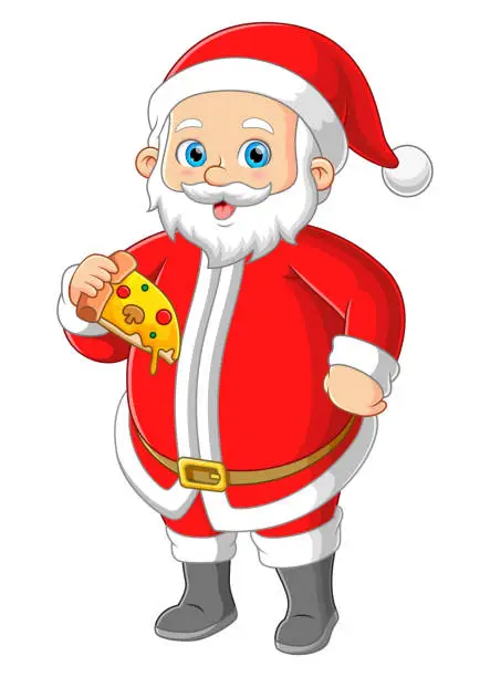 Vector illustration of Santa claus enjoys delicious slice a pizza
