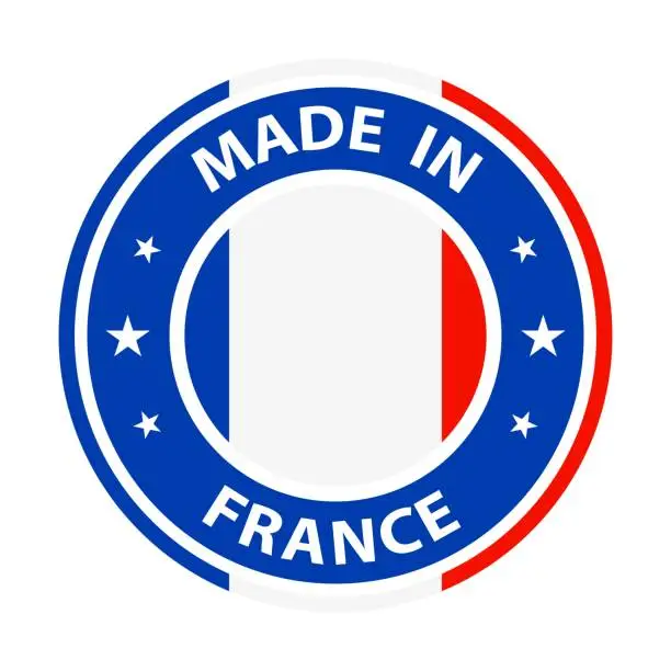 Vector illustration of Made in France badge vector. Sticker with stars and national flag. Sign isolated on white background.