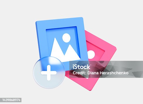 istock 3D Add image in gallery. Picture with plus mark. Button to upload new photo. Mountains and sun landscape. Blue and pink file. Cartoon creative design icon isolated on white background. 3D Rendering 1439868974