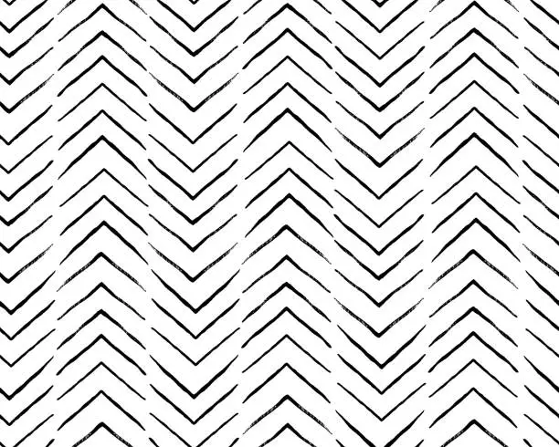 Vector illustration of Hand crafted Black and white ethnic, geometric seamless pattern. Vector scandinavian background with brush ink zigzag. Simple pattern. Perfect for fabric, wrapping paper, textile, home decor