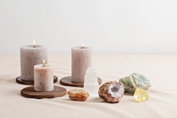 istock Healing reiki chakra crystals therapy. Alternative rituals with gemstones for wellbeing, meditation, destress, relaxation, mental health, spiritual practices. Energetical power concept 1439870341
