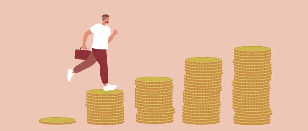 istock Graph of coins and freelancer worker running, flat vector stock illustration as concept of economic growth 1439870356