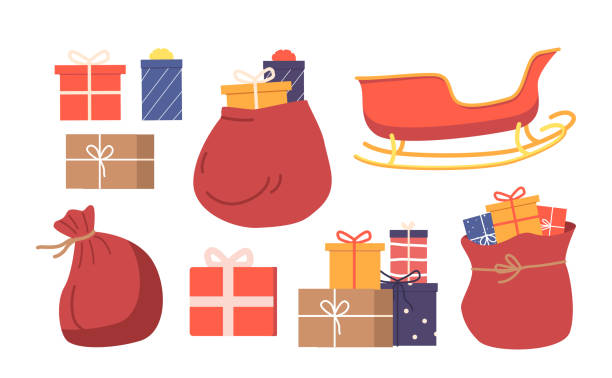 ilustrações de stock, clip art, desenhos animados e ícones de set santa claus gifts in boxes different and red sack, sled. colorful presents for winter holidays, christmas, new year - sack