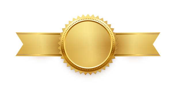 3d gold medal on ribbon, seal trophy and circle medallion with frame for official winner - altın madalya stock illustrations