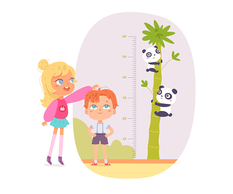 Kids friends measure height with ruler and cheerful pandas on bamboo vector illustration. Cartoon girl standing with baby boy, chart of progress growth with scale in inches and animals on white.