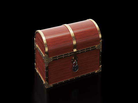 Treasure chest on black background. Horizontal composition with copy space. High angle view.
