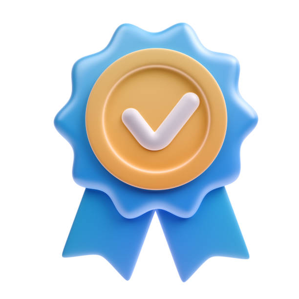 badge 3d con segno di spunta - check mark metal three dimensional shape symbol foto e immagini stock