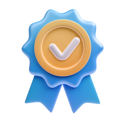 Blue 3D badge with check mark isolated on white