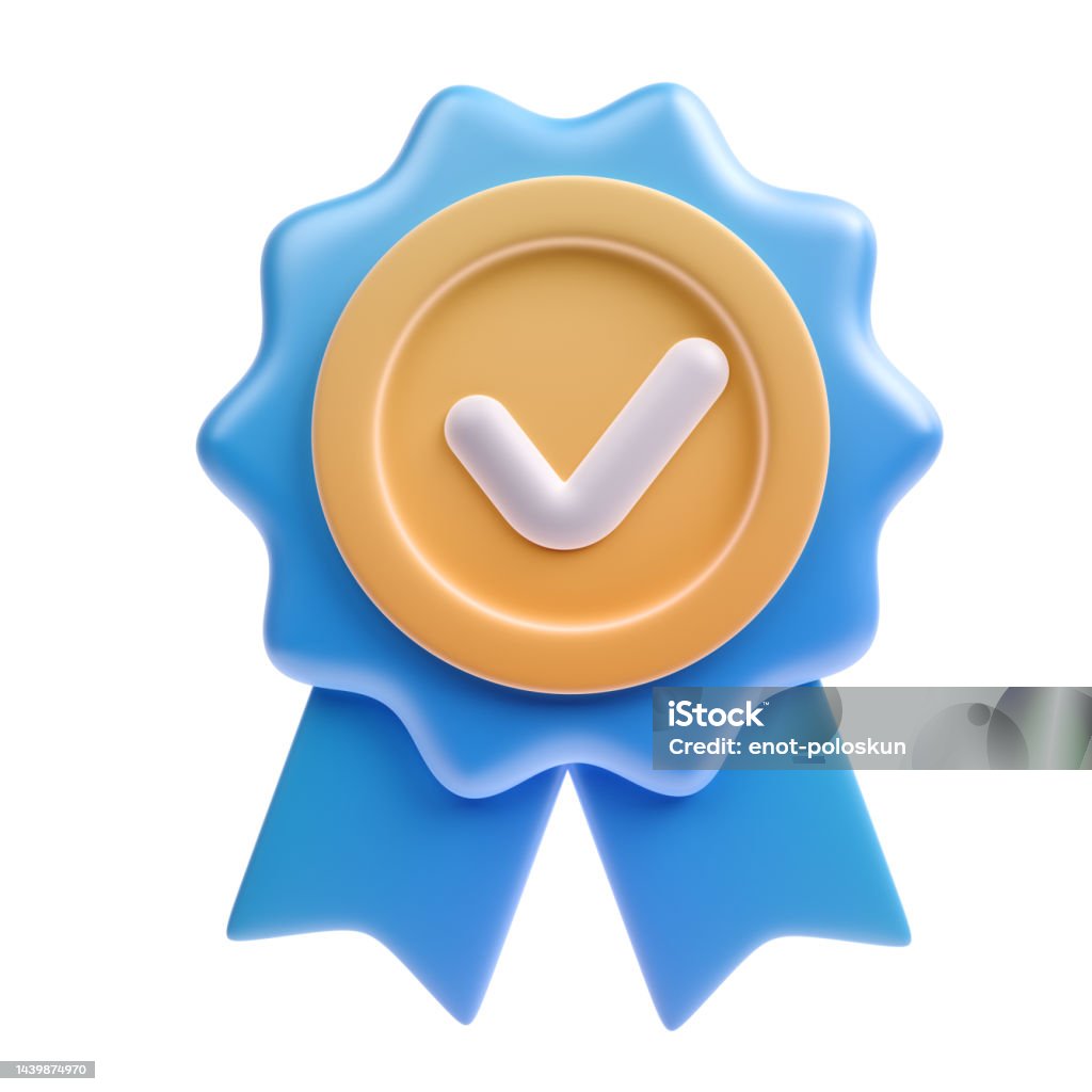 3D badge with check mark Blue 3D badge with check mark isolated on white Three Dimensional Stock Photo