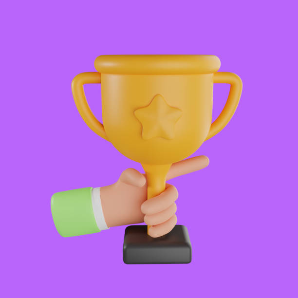 istock 3D Hand holding Trophy cup. 3d trophy cup in hand icon. 3d celebrate winners with golden cup, prize winners stars in holding hand. 1439875165