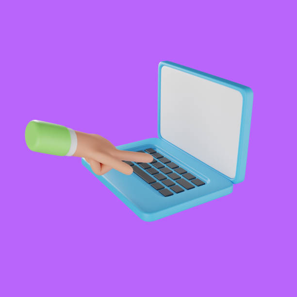 istock 3D hand holding icon work using a laptop. Character's hands are working at the laptop. 3d illustration of hand holding laptop. 1439875179