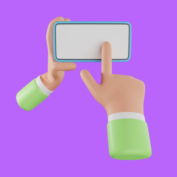 istock Cartoon hands holding smartphone 3d illustration. 3D Hand holding mobile phone with empty screen. 1439875192