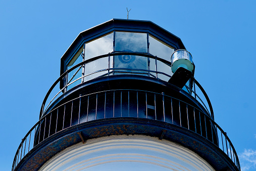 Cape Elizabeth, Maine, USA - July 1, 2019: Close-up of the Portland Head Light located at the entrance of Portland Harbor.