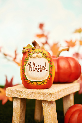 Thanksgiving arrangement with autumn leaves and small pumpkin with BLESSED message