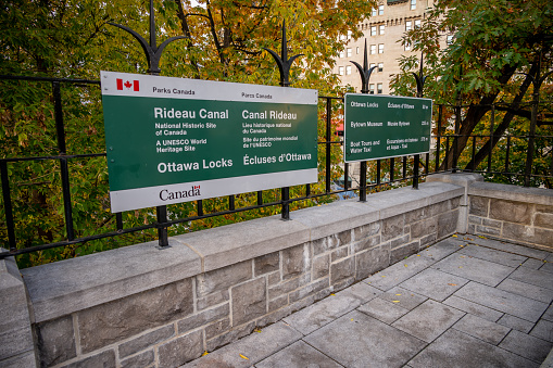 Ottawa, Ontario - October 18, 2022:  View of the Rideau Canal sign in fall.