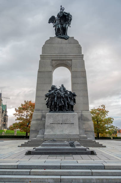 Toronto Ontario, Canada- October 3rd, 2022: The Toronto war memorial with two flags against it.