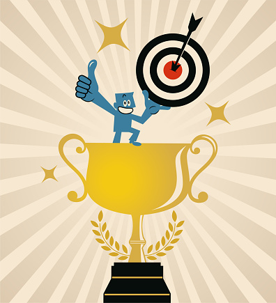 Blue Cartoon Characters Design Vector Art Illustration.
A champion with a big gold trophy shows a dartboard and arrow and gives a thumbs-up.
The concept for Thinking Like a Champion or Acting Like a Champion.