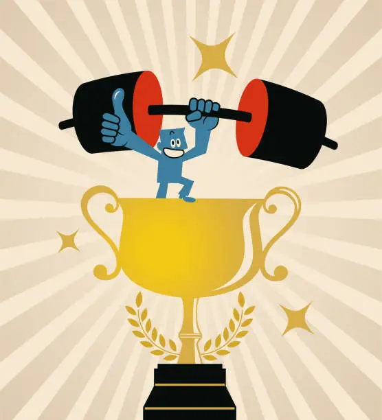 Vector illustration of A champion with a big gold trophy does weight training and gives a thumbs-up, The concept for Thinking Like a Champion or Acting Like a Champion